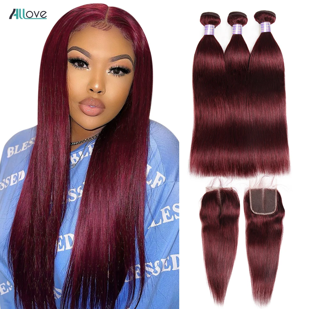 Allove 99J Bundles With Closure Burgundy Straight Human Hair 3 Bundles With 4x4 Closure Brazilian Remy Human Hair Extensions