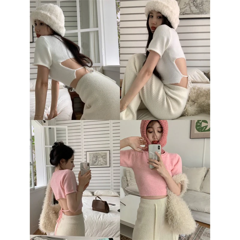 

Knitted Sweater Bottoming Shirt Women's Irregular Soft Waxy Lace-up White Short-sleeved Autumn And Winter Short Inner Tops