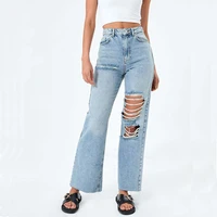 2022 new loose ripped denim trousers temperament commuter hole wash wide leg jeans vintage light blue high waist straight pants