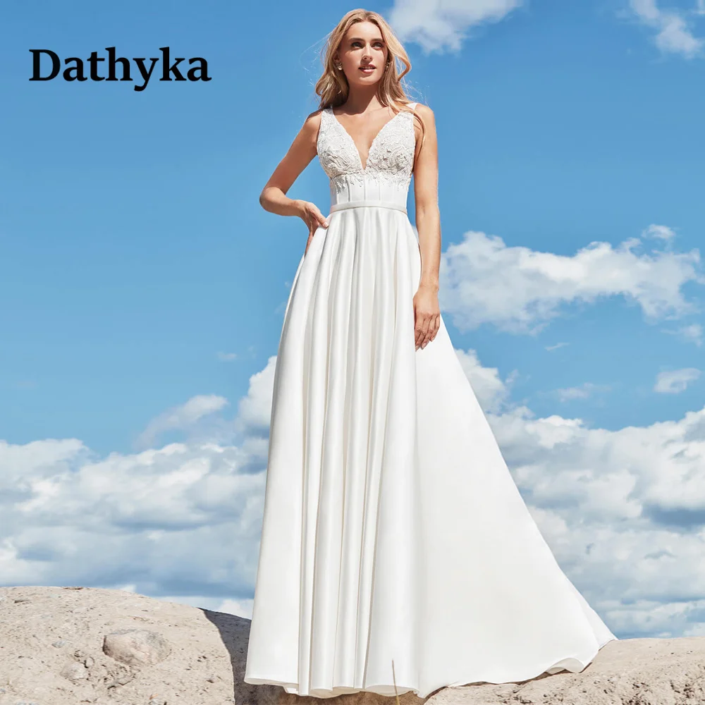 

Dathyka Simple V-neck Backless Satin Wedding Dress For Women Appliques Sweep Train Wedding Gowns Vestidos De Novia Brautmode