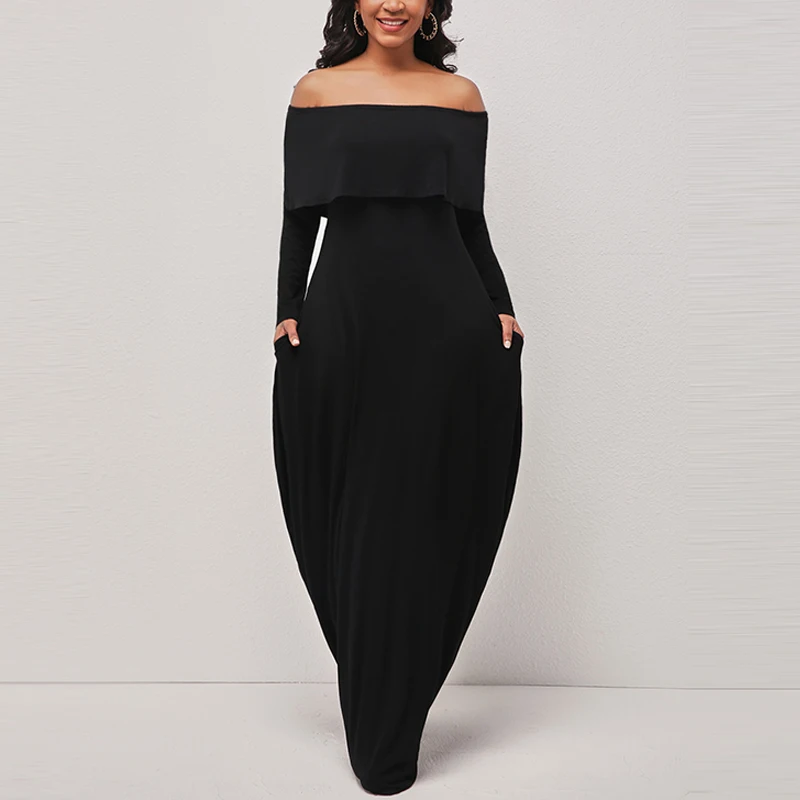 

OTEN Women's retro ruffled one-neck off-the-shoulder dress casual loose street long-sleeved black comfortable Maxi dress