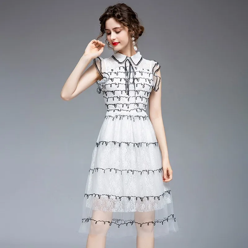 

2022 summer Sequined Mesh Embroidery Dress Women's Sleeveless Bow Peter Pan Collar Casual Dress Vestido
