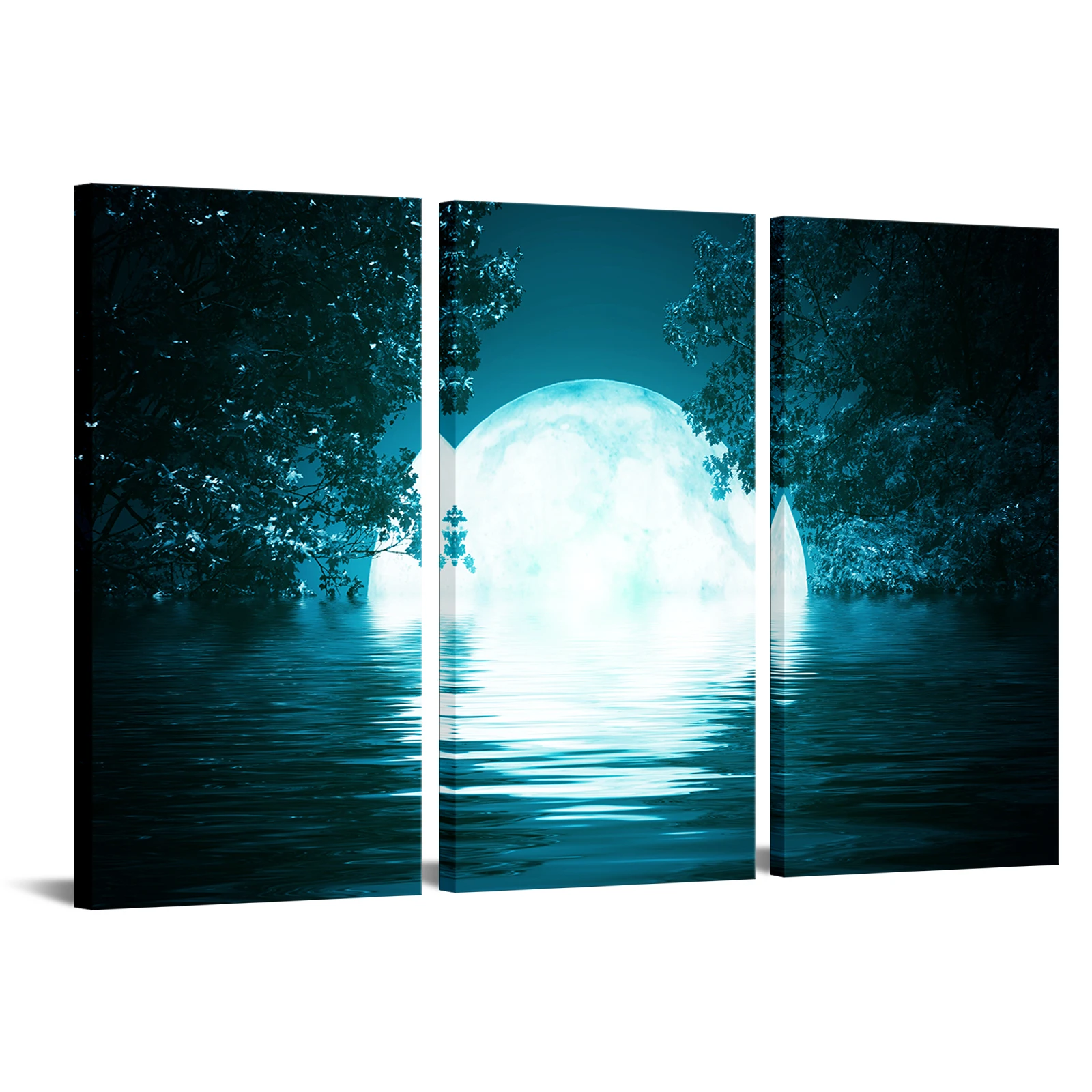 

3 Pieces Poster Wall Art Moon Over Water Print Canvas Art Night Scenery Modern Style Pictures Living Room Home Decor