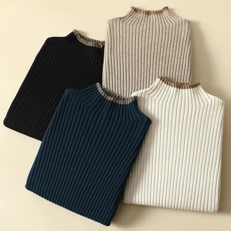 Женский трикотажный пуловер с длинным рукавом и ложным воротником