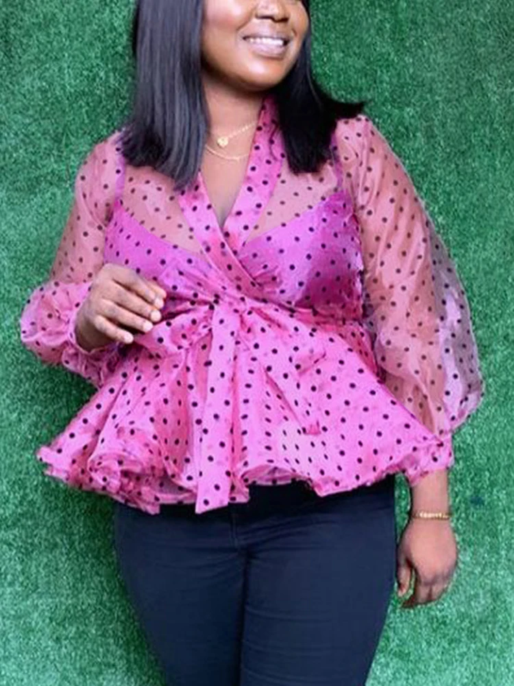 

Women Blouse Polka Dot V Neck Shirt Tops Lantern Sleeve Peplum Transparent Female Elegant Spring Autumn Classy Lady Fashion New