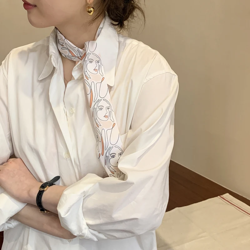 

Luna&Dolphin Women Slim Narrow Long Scarf French Line Art Human Face Gentle Elegant Chiffon Silk Tie Bag Ribbon Headband Choker