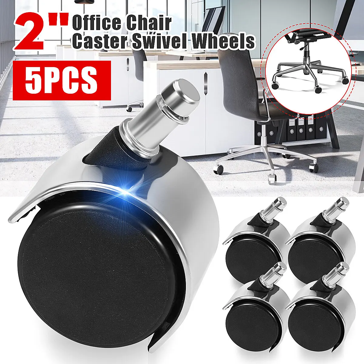 

5pcs Heavy Duty Caster Swivel Wheels Roller 3'' 75mm Office Chair Replacement