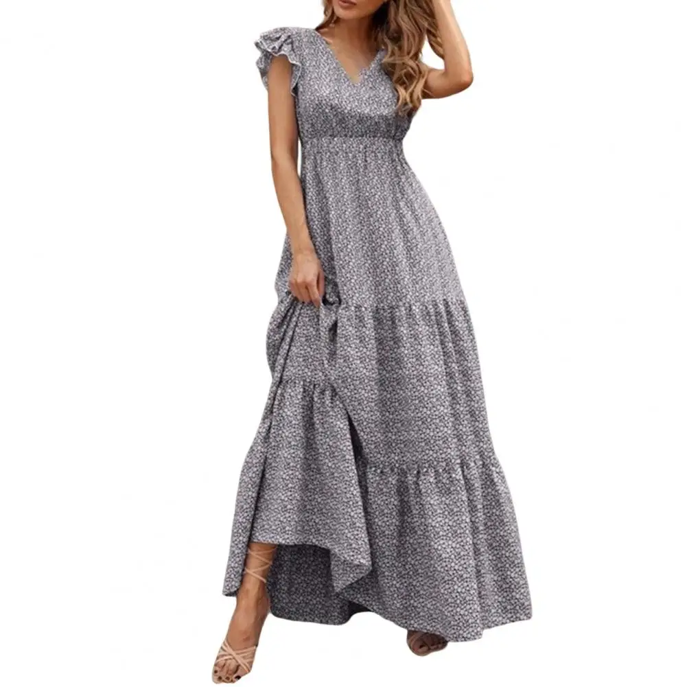 

2022 Women's Dress V Neck High Waist A-Line Stitching Large Hem Maxi Dress Floral Print Ruffle Sleeve Women Sundress Streetwear