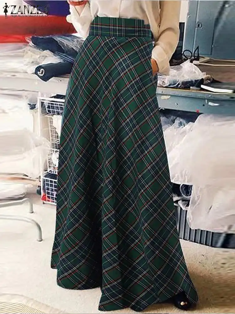 

ZANZEA Fashion Elegant Casual Print Plaid Check Skirts Summer Casual High Waist Long Vestidos Women Sundress Female Robe 2022