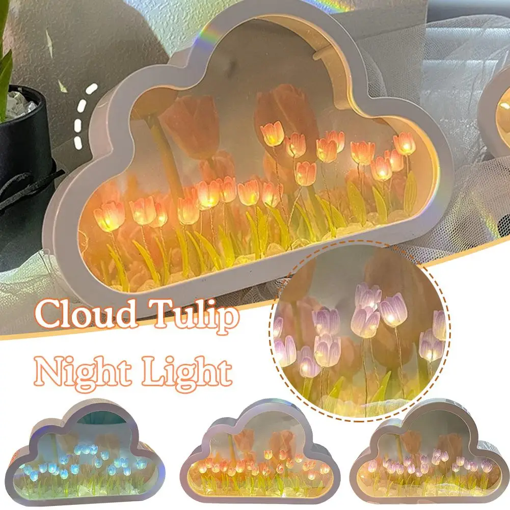 

New Creative Fashion Handmade Diy Cloud Tulip Mirror Night Light Decoration Women Girls Desk Lights For Bedroom Lampka Nocna