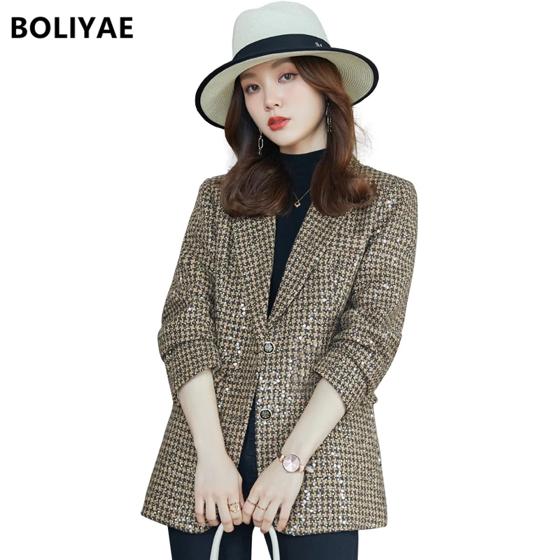 Women Fashion Tweed Blazer Houndstooth Plaid Checkered Wool Coat Vintage Long Sleeve Female Outerwear Chic Femme Suit Jacket Top