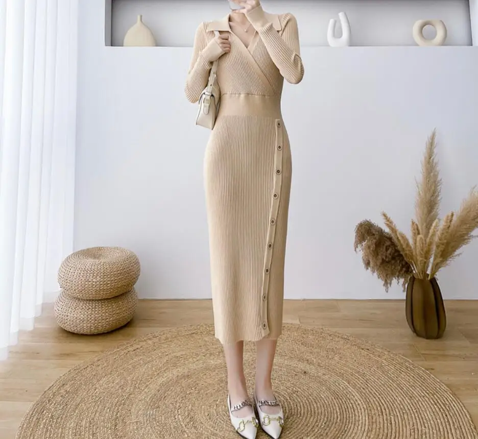 Женское трикотажное платье с длинным рукавом и отложным воротником 5 цветов