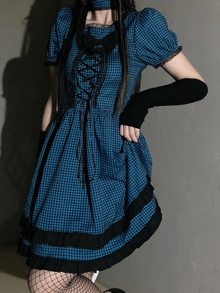 

Summer Gothic Lolita Style Harajuku Girl A-line Dress Bow Bandage Square Collar Plaid Dress Retro Woman Lace Chic Street Dress