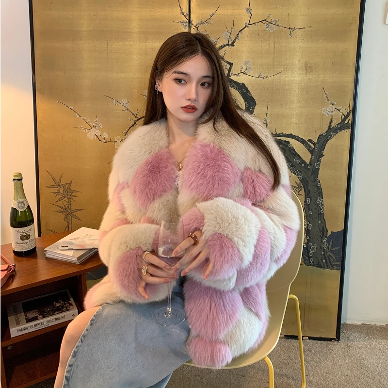 RosEvans Simple Women New Plaid Real Fox Fur Warm Coat Luxury Thick Fur Jacket Casual Streetwear Fashion Outerwear Female Winter