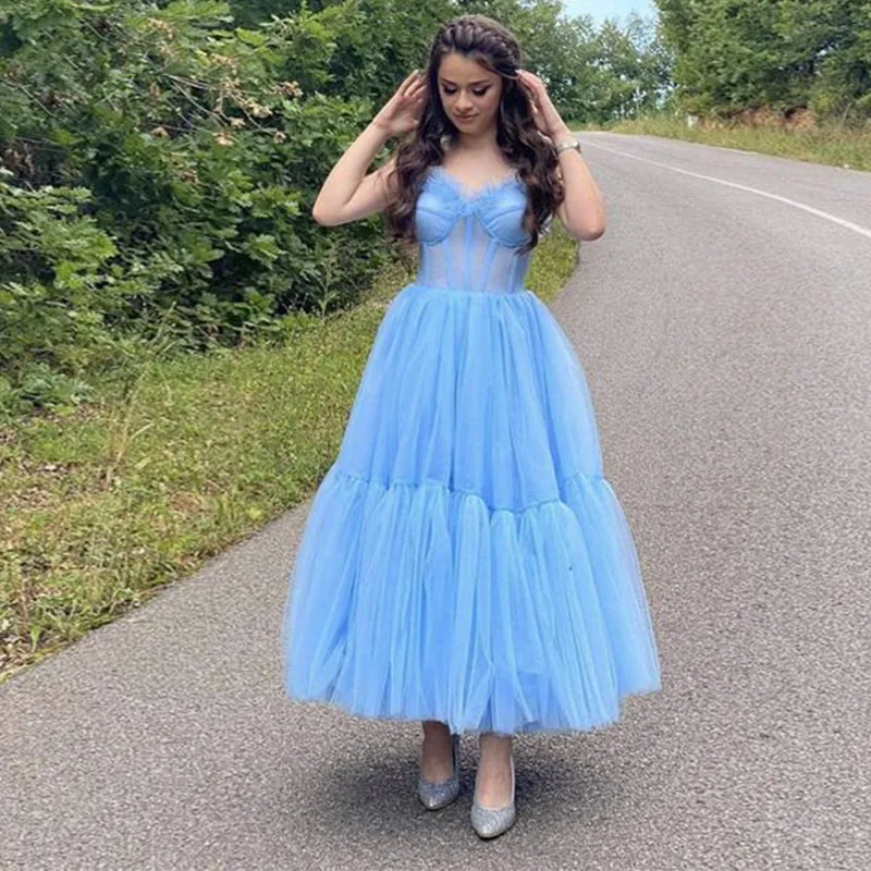 

GUXQD Sweetheart Tulle Evening Dress Fashion Spaghetti Straps Robe De Soirée Femme Ruffles Formal Prom Party Gowns Illusion