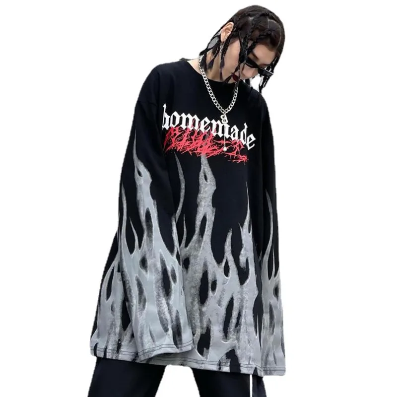 

Harajuku T-shirt Women Gothic Fire Print Long Sleeve Hip Hop Oversized Goth Tshirts Fashion Streetwear Couple Match Tee Shirts