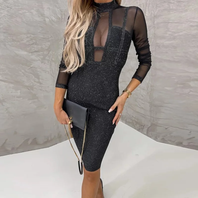 

Женское шелковое вечернее платье, элегантное однотонное облегающее платье с длинным рукавом, прозрачное привлекательное газовое платье с ...