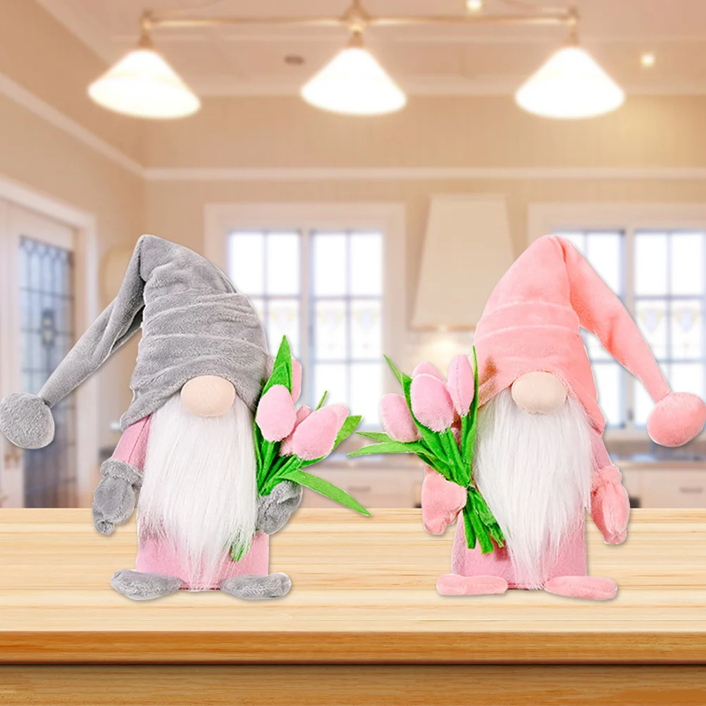 

2pcs Plush Gnome Holding Tulip Mother's Day Dwarf Decorative Gnome Decor