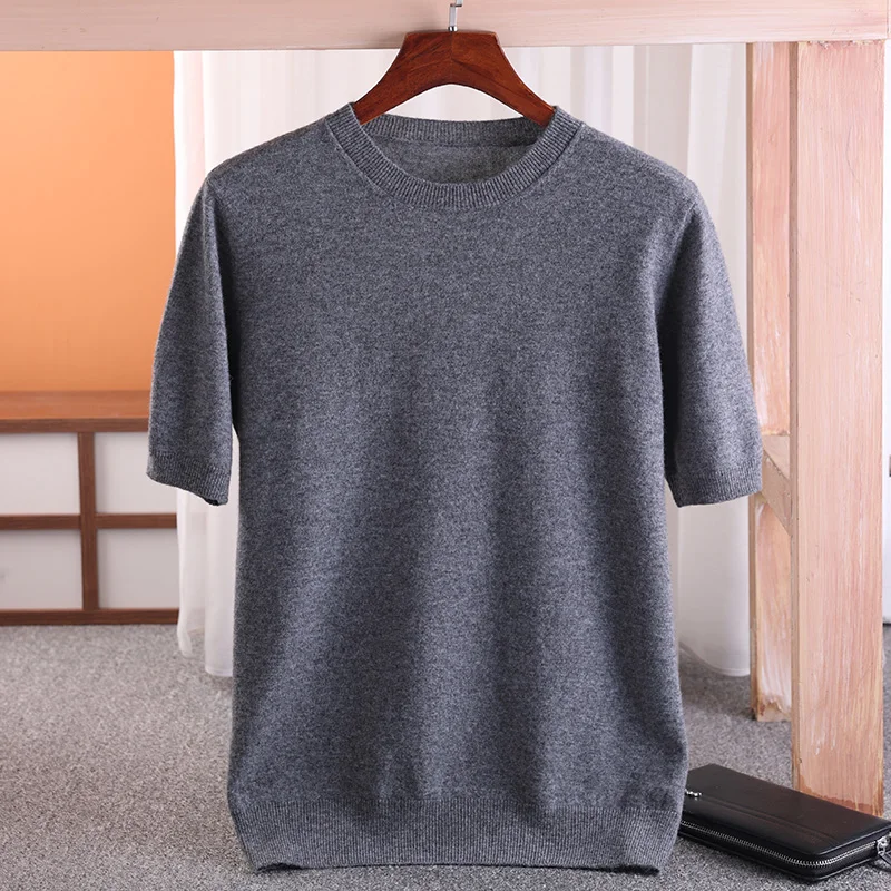 MOONYUEFA Summer Worsted Wool Thin Short-Sleeved O-Neck T-Shirt Men's Sweater Business Pullover Fashion Bottoming Shirt Top