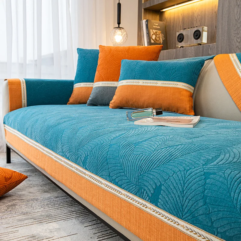 

1 2 3 4 Seater Sofa Cover Orange Wide Edge Jacquard Slipcover Couch Cover Protector Decorative Cushion Cover for Living Room