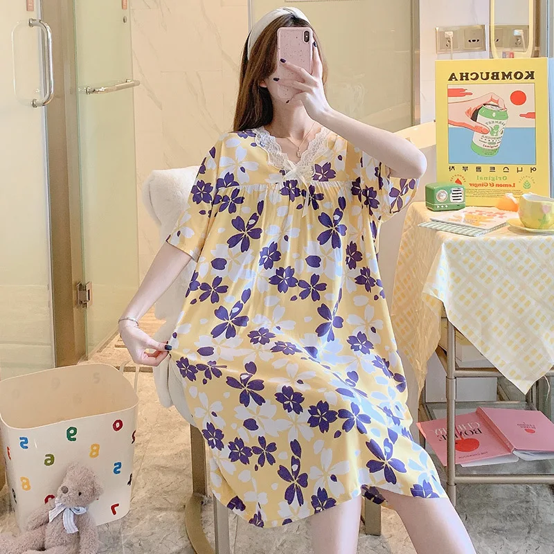 Lady's Nightgown Student V-neck Short Sleeve Cotton Silk Nightdress Sexy Sleepwear