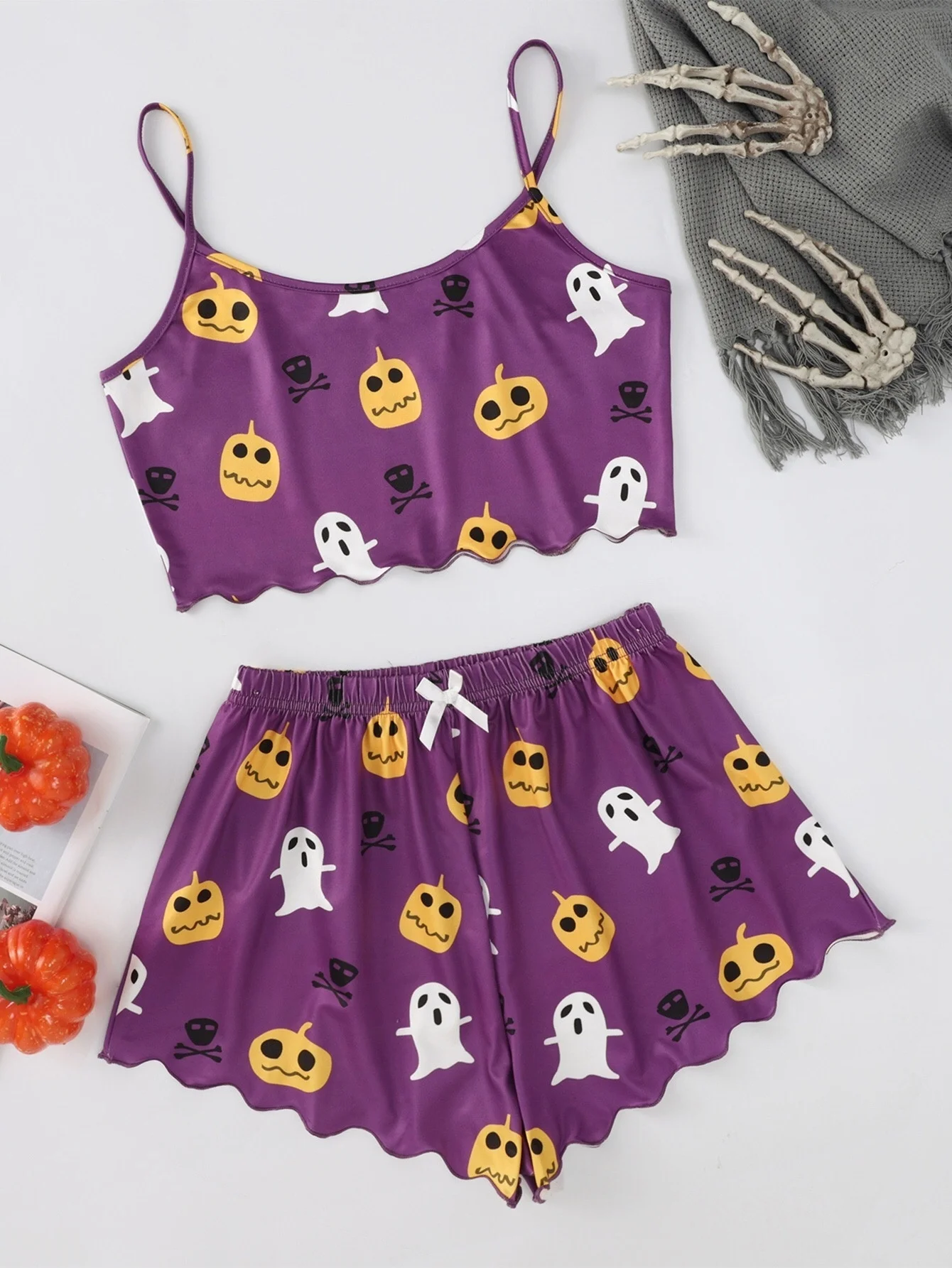 

New Style Halloween Lady Cartoon Ghost Pumpkin Print Camisole With Shorts Pajama Set Casual Home Wear Sleepwear Underwear Suits