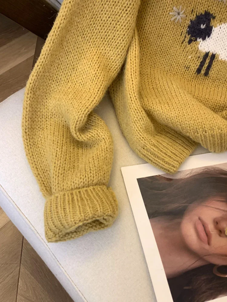 Модный простой классический вязаный свитер винтажный с круглым вырезом и