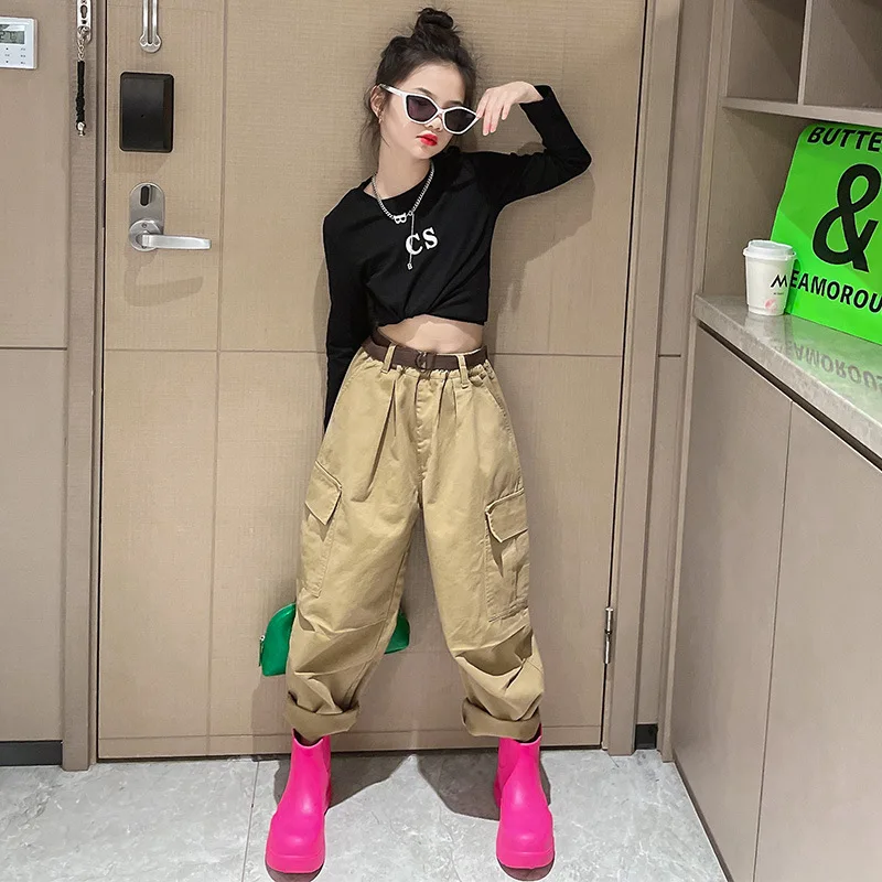 

10 12 years Girls Cool Outfit Streetwear Belt Cargo Pants Black T-shirt 2 pieces Fashion Teen Girl Clothes Set