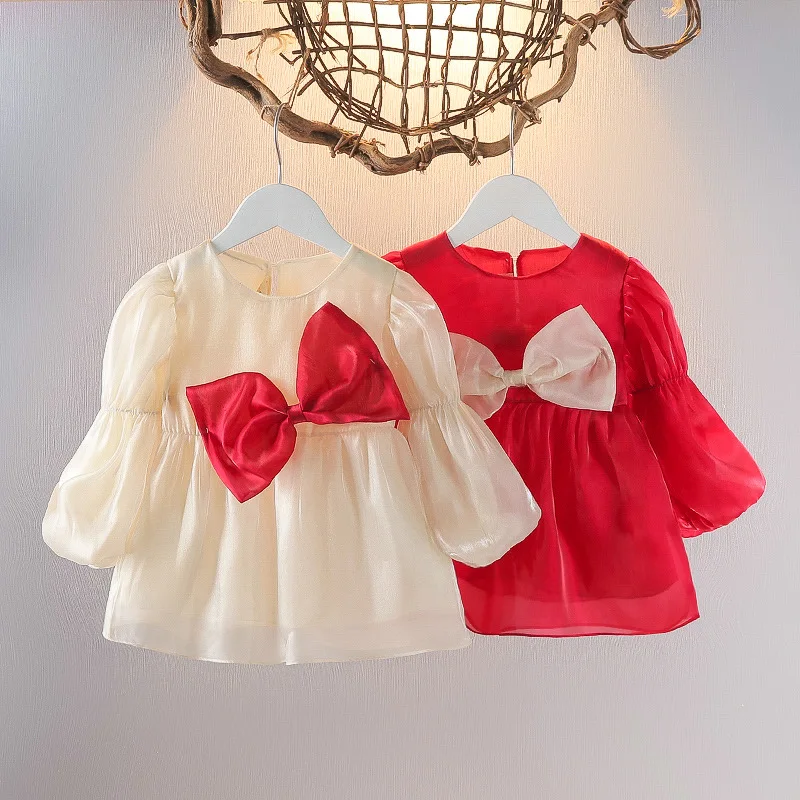 

Korean Version Dresses for Girls Spring Autumn Party Dress Solid Color Children's Mesh Dress Cute Bow Style Girls Clothes Dress