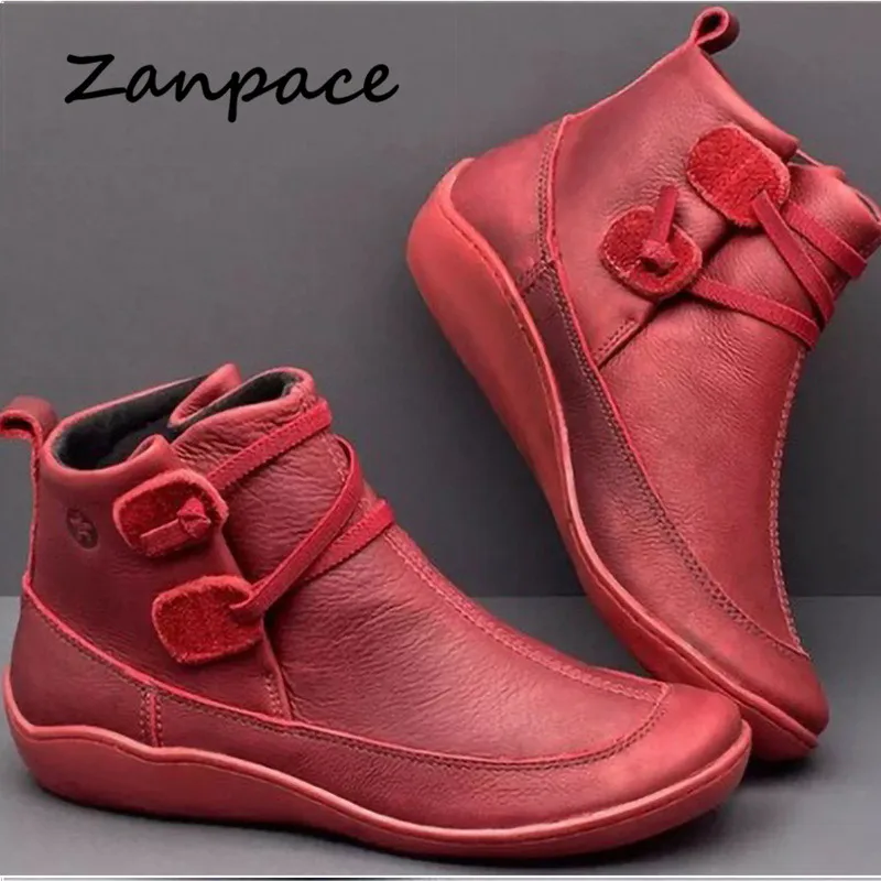 Autumn Casual Booties Women 2019 Large Size 43 Leather Ankle Boots for Women Round Toe Women's Shoes Flat with Zapatos De Mujer