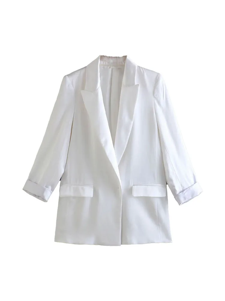 

Silk Satin Texture Blazer Women Fall 2022 New Casual Fashion Chic Vintage Lapel Long Sleeve Pockets Loose Solid Color Top