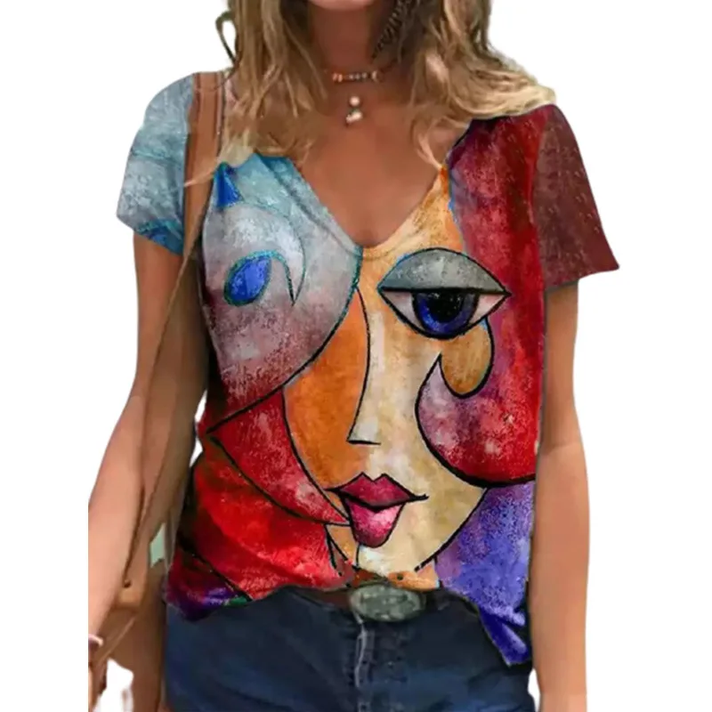 Summer Women'S V Neck Tshirt Vintage Y2K Abstract Print Oversized Shirt Tops Female Casual Short Sleeve Loose T-Shirt Streetwear |