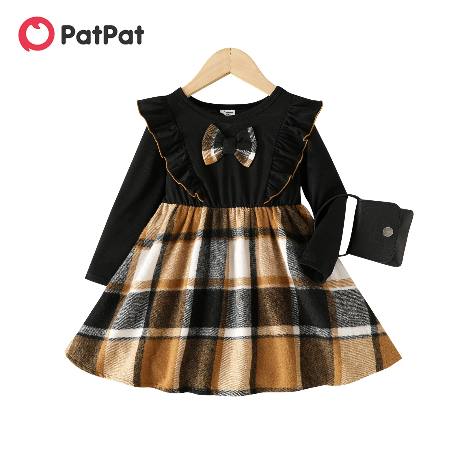 

PatPat Toddler Girl Ruffled Bowknot Design Plaid Splice Long-sleeve Dress