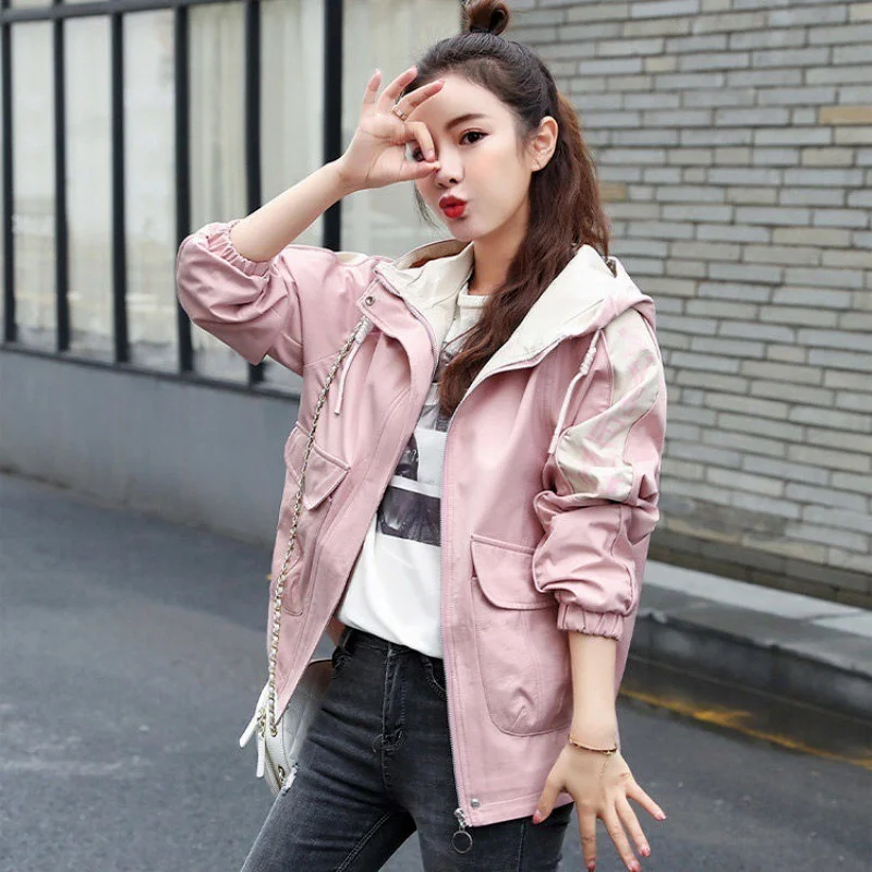 

Spring Autumn Chic Jackets Women Big Pocket Hooded Short Trench Korean Fashion Loose Casual Coats Solid Colors Commute Outwears