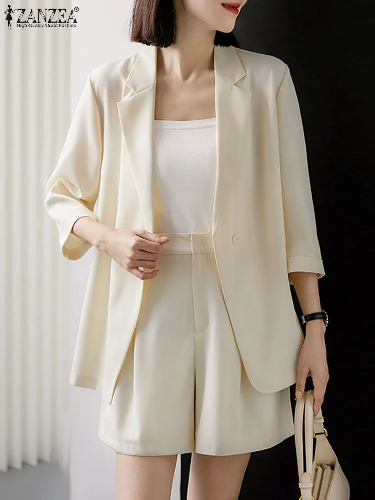 

ZANZEA Spring 2PCS Women 3/4 Sleeve Blazer Suits Elegant Short Sets Casual Urban Tracksuit 2023 Fashion Solid OL Work Pants Sets
