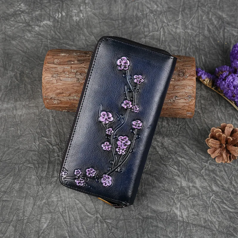 Women Wallet New Fashion Retro Leather Purse Vintage Chinese Style Plum Flower Embossed Female Luxury Zipper Clutch Bag Gift