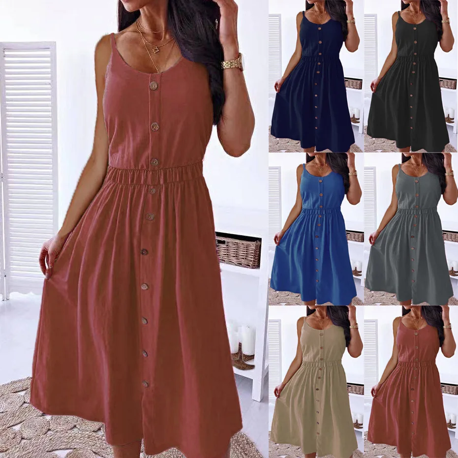 Элегантные женские платья миди летнее сексуальное платье на пуговицах подтяжках