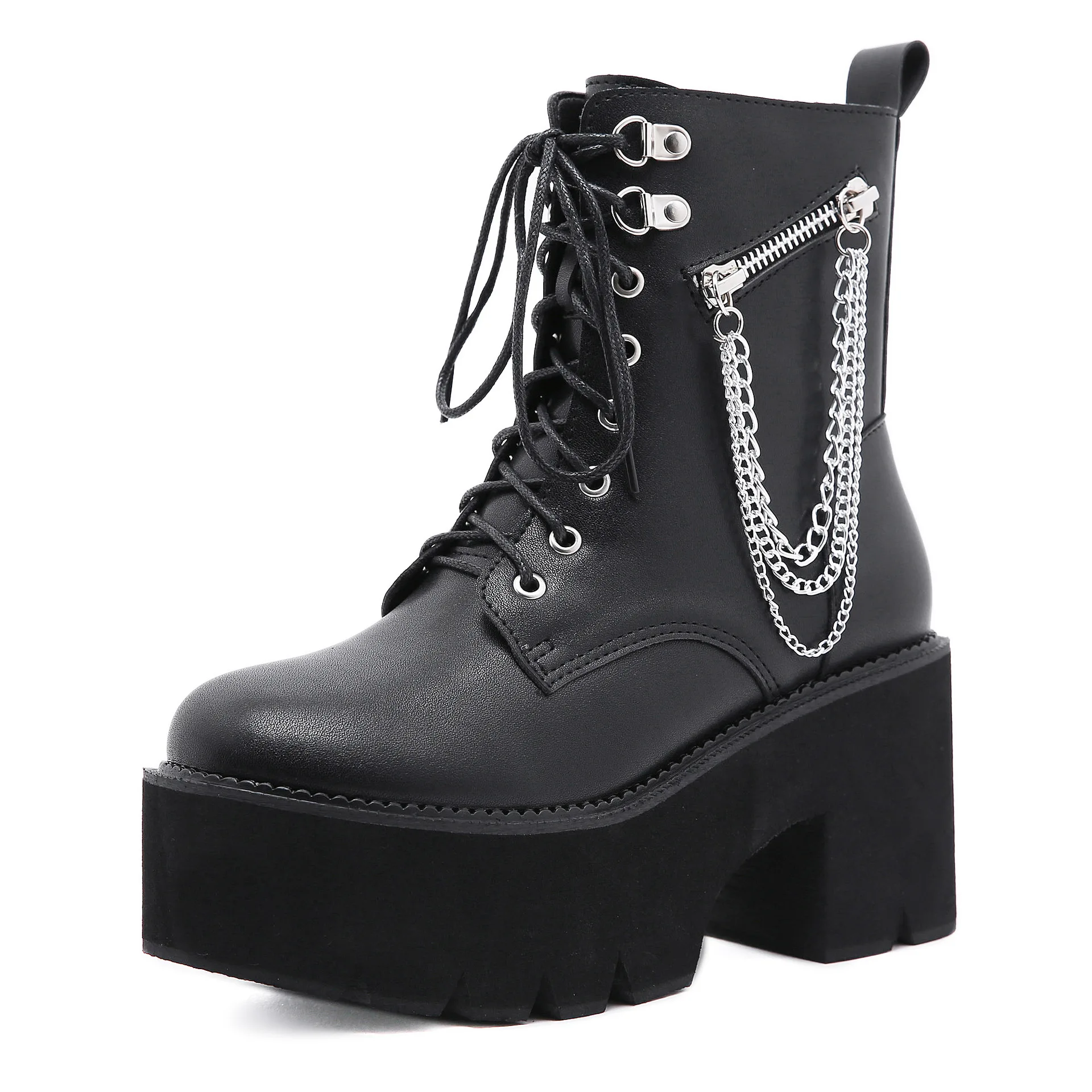 

8cm Gothic Black Ankle Boots For Women Plus High Heel Female Shoes Lace-Up Nigh Club Black Sexy Rivets Chain Short Boots