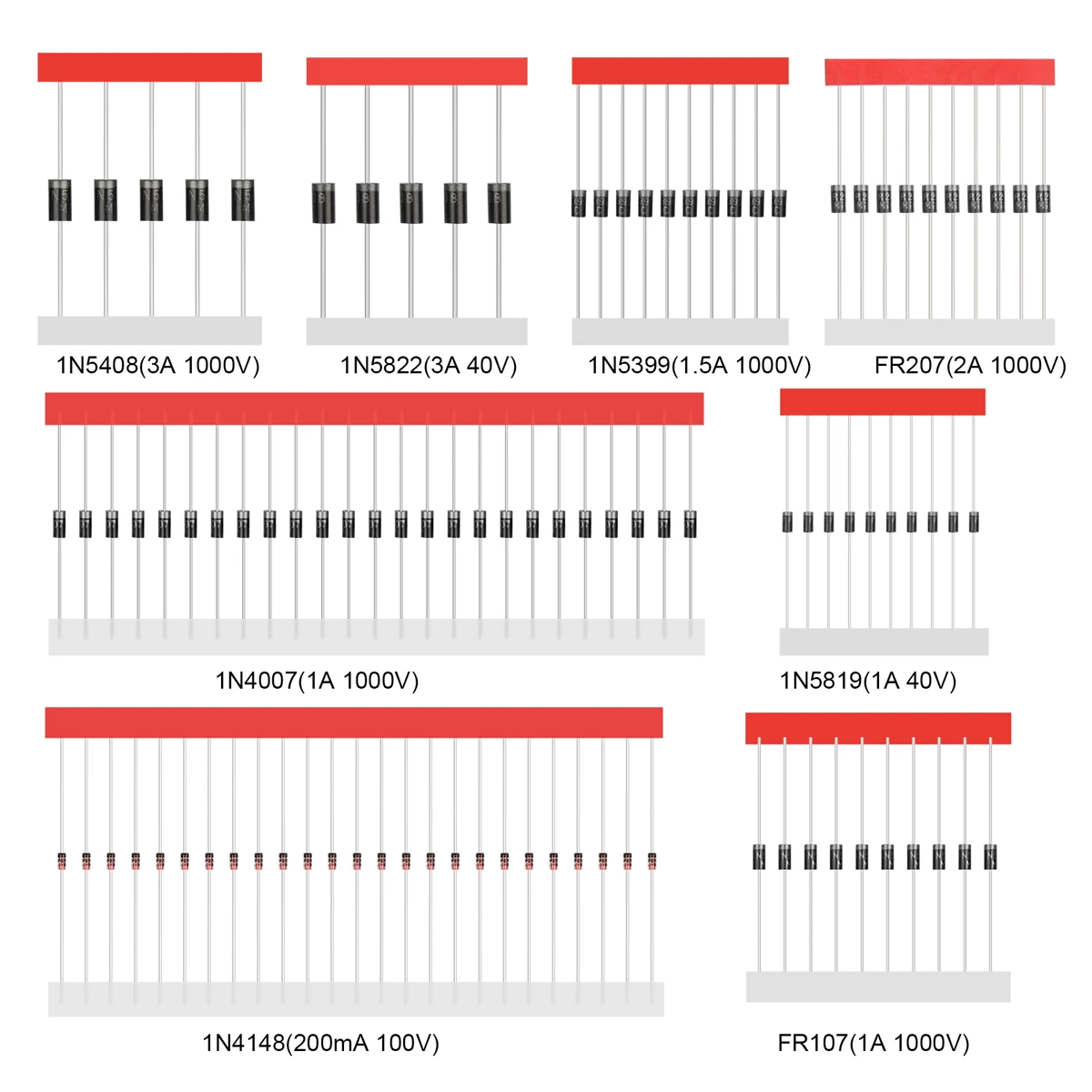 100Pcs 8 Values Schottky Diode Rectifier Diodes Kit 1N4148 1N4007 1N5819 1N5399 1N5408 1N5822 FR107 FR207 Fast Switching Diode