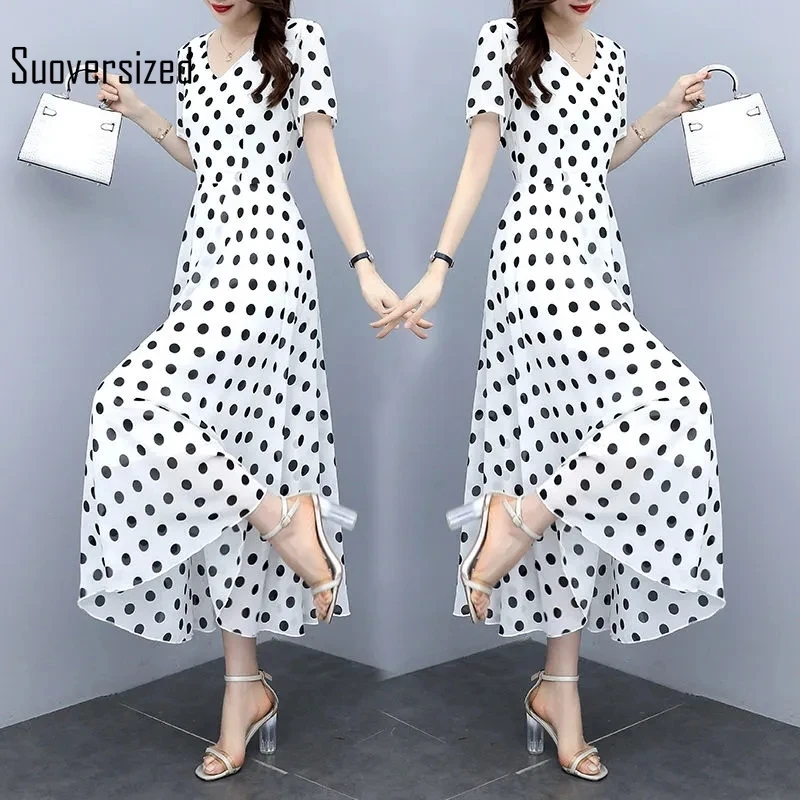 

Женское шифоновое платье в горошек, с V-образным вырезом и коротким рукавом