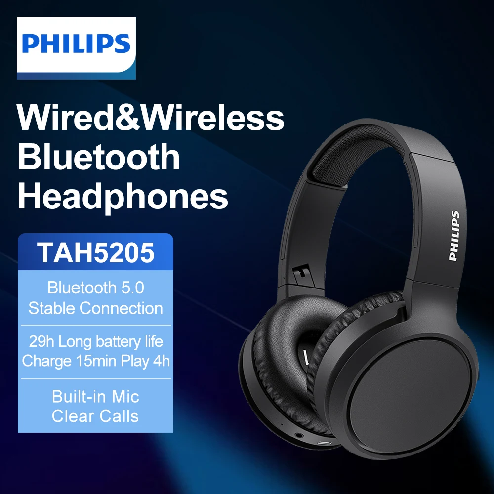 

Philips Bluetooth Wireless Headset Headphones Earphones Headset Gamer TAH5205 Bluetooth 5.0 29h Play Time Built-in Mic Foldable