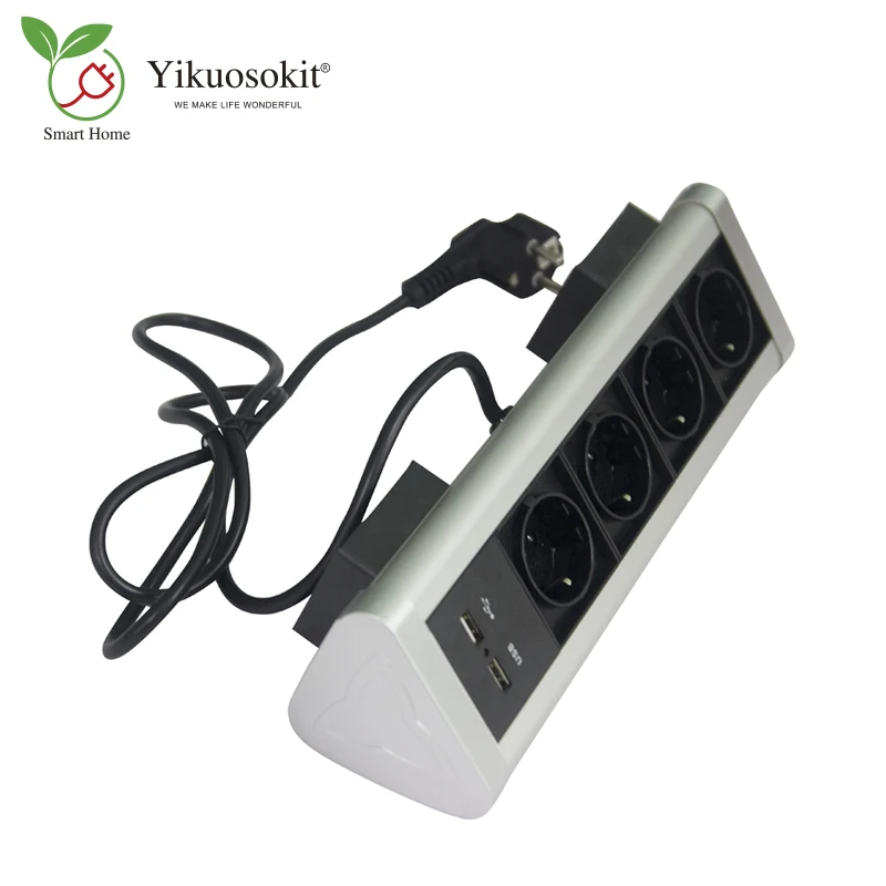 

Рекламная треугольная настольная электрическая розетка Yikuoskit, фиксированная с помощью винтового зажима, 4 евророзетки, 2 USB-порта для кухни и офиса