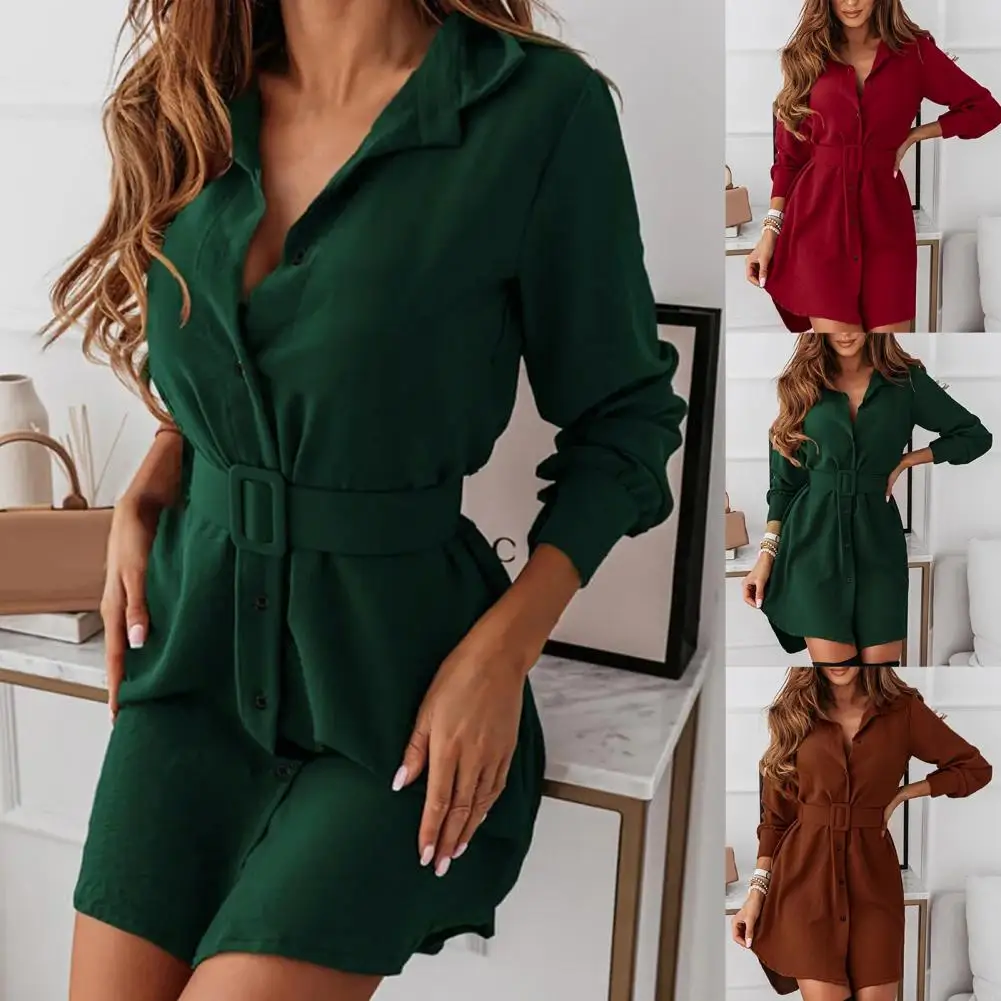 

Stylish Women Dress Elegant Solid Color Skin-friendly Long Sleeve Slim Mini Dress Lady Dress Turn-down Collar