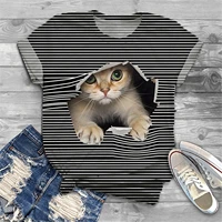 2022 summer new womens short sleeve t shirt 3d cat print striped casual harajuku top womens