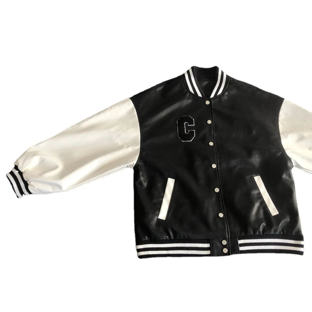 Women's wide leather clothes baseball clothes single breasted embroidery hip hop style fashion casual leather jacket tide coa