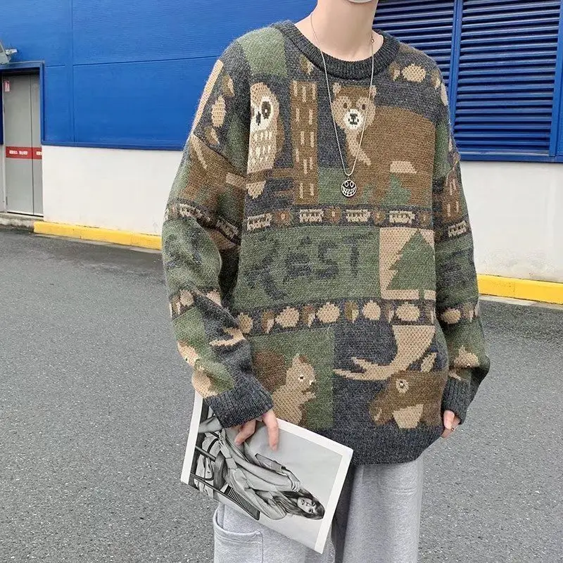 

Японский модный бренд Harajuku, жаккардовый вязаный осенний модный универсальный свободный мужской свитер с круглым вырезом, винтажные пуловеры