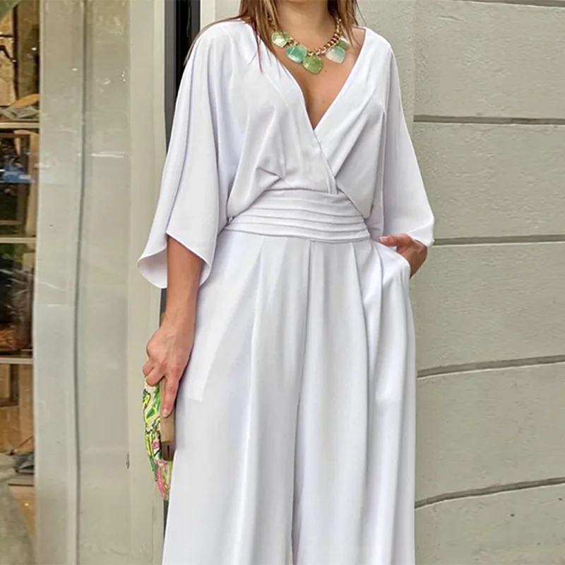 S-3xl Solid Color Sexy V-neck Jumpsuit With Waistband, Fashionable Temperament, Reducing Age Street Straight Pants For Women