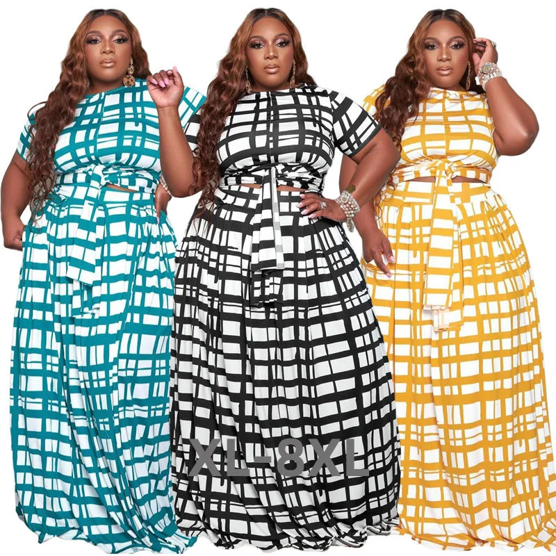 Plus Size Clothing Women Skirts Sets Wholesale Two Piece Set Plaid Crop Top with Elastic Waist Maxi Skirt Sum 3xl 4xl 5xl 6xl