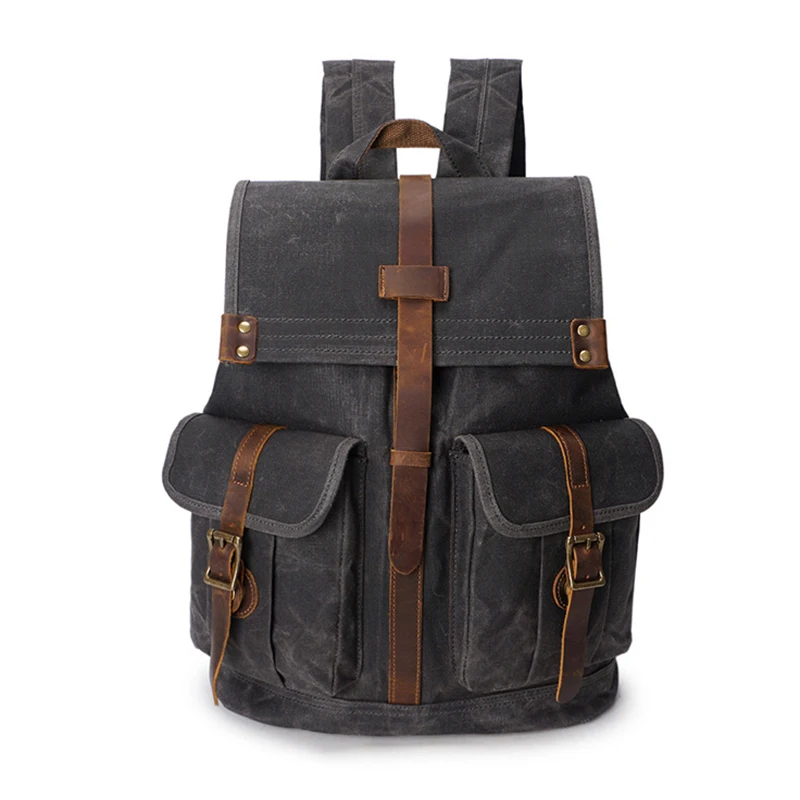 Men's  Backpack Waterproof Oil Wax Canvas Travel Backpack Vintage Shoulder Book Bags Laptop Backpack