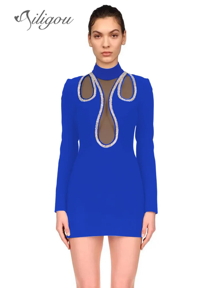

Ailigou 2022 новое женское сексуальное облегающее мини-платье с длинным рукавом со стразами красного цвета элегантное вечернее платье знаменито...